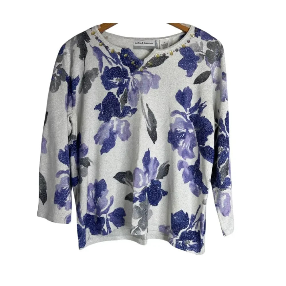 Alfred Dunner Metallic Shimmer Sweater Size PL Floral Print Embellished
